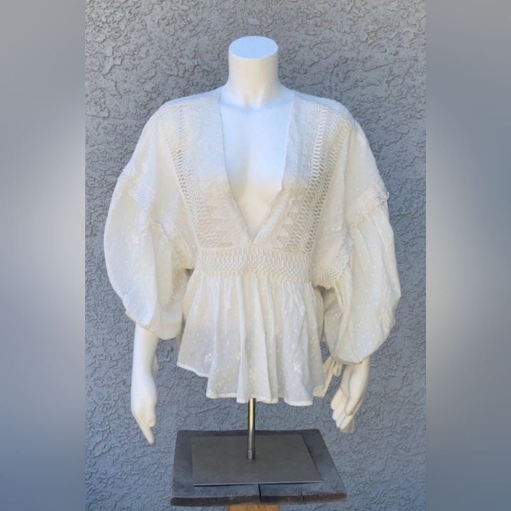 Free People Drive You Mad Blouse Cream Eyelet V-Neck Smocked Peasant Blouse L